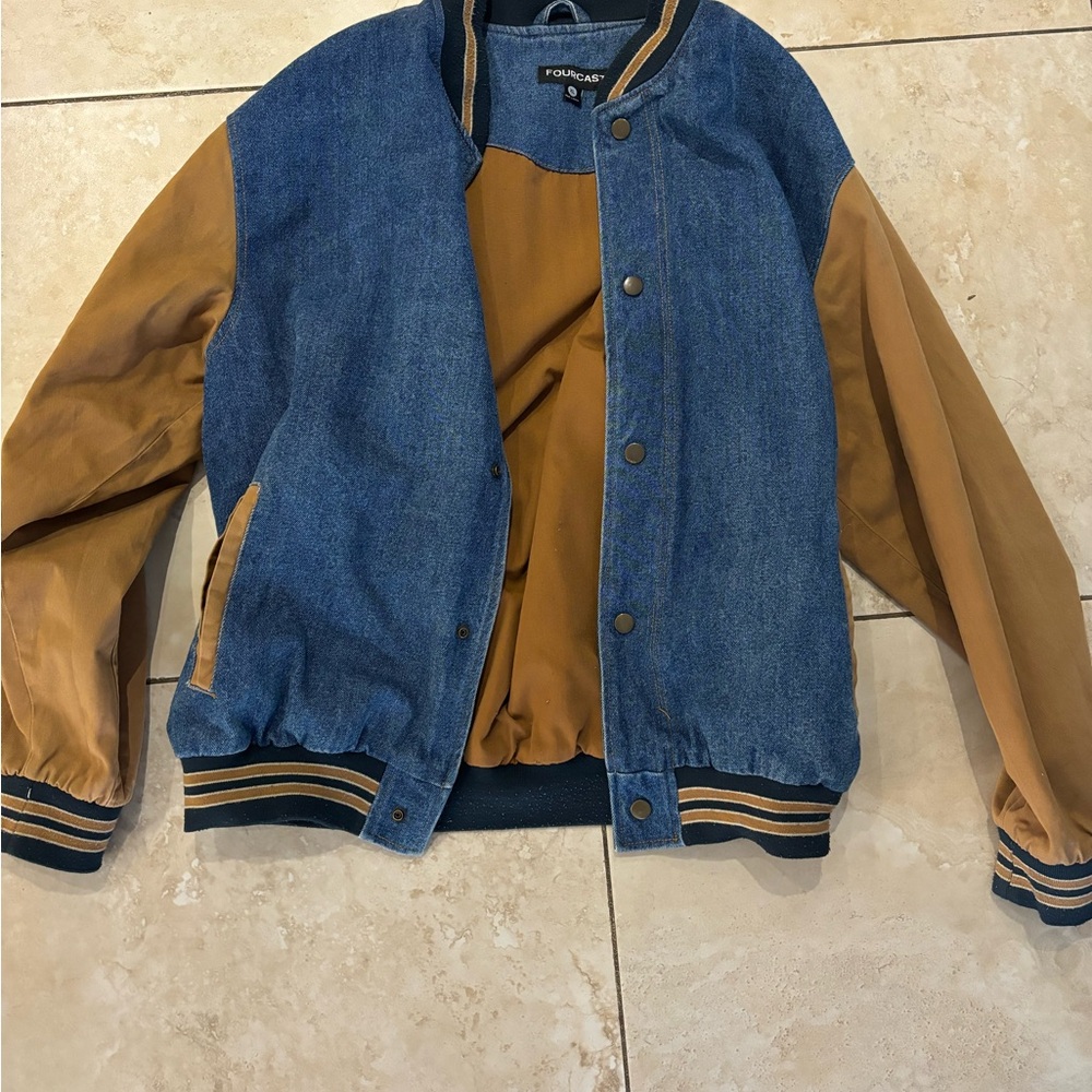 Forcast Blue and Tan Bomber Jacket Varsity Style